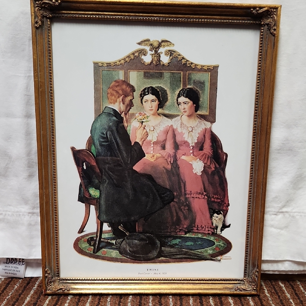 NORMAN ROCKWELL Vintage Gold Framed "TWINS" Print